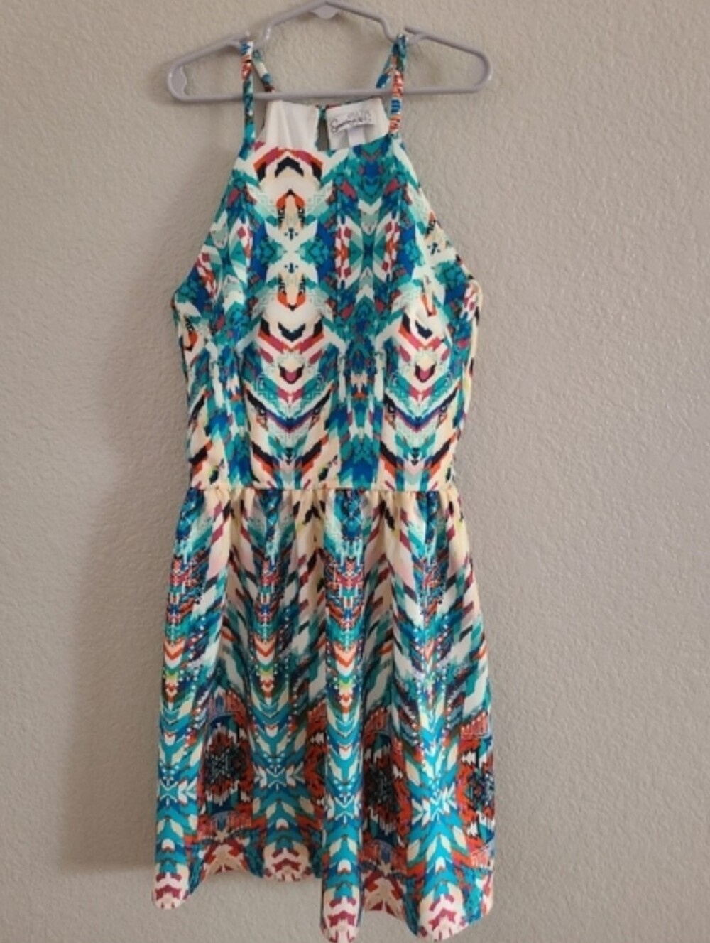Speechless Sleeveless Multicolor Halter Dress in Teal & Cream Juniors XS